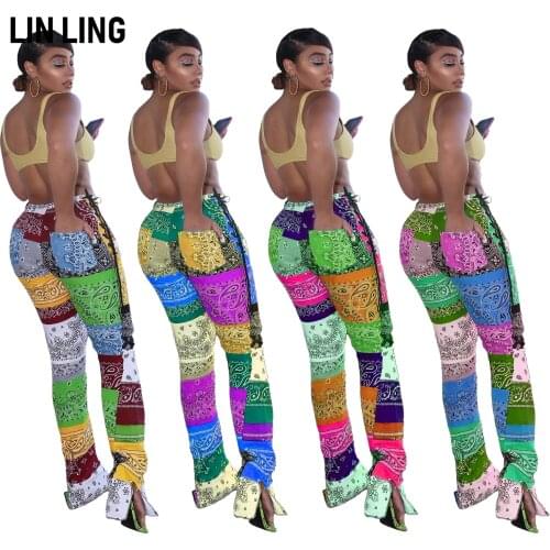 LINLING 2021 Women Street Style Fashion Patchwork Lace Paisley Print Drawstring Pants Stylish Bandanna Print Bottom