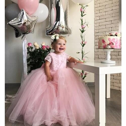 Lovely Baby Girls Birthday Gowns with Satin Bow Buttons Puffy Tulle Flower Girl Dress Children Party Clothes