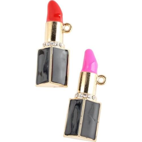 Mini Order 10PCS Fashion Women Lipstick Oil Drop Necklace Pendant Charms Gold Tone Alloy DIY Bracelet Jewelry Floating Charm