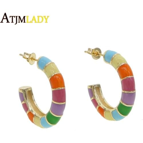 2019 New trendy rainbow pastel enamel colorful Gold filled women huggie hoop earring fashion candy earrings jewelry