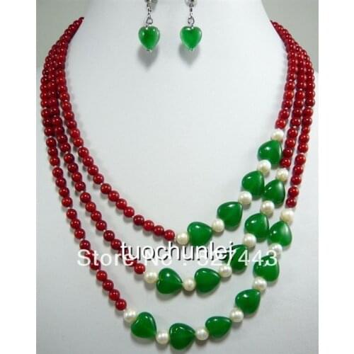 Wholesale free shipping >>Wonderful 3 Rows Red Coral White Pearl Green Heart stone Necklace Earring