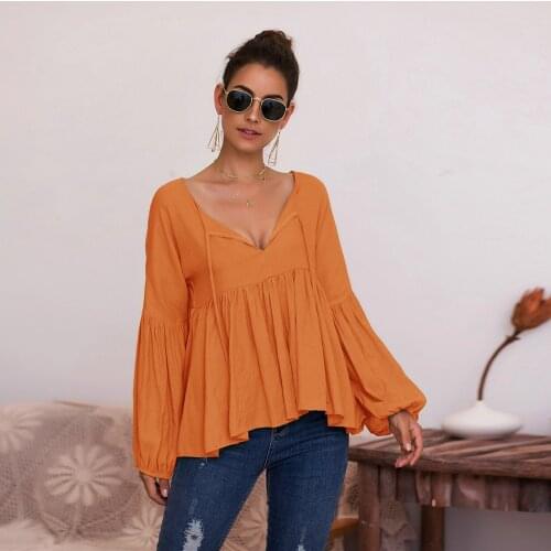 Autumn Winter Lantern Sleeve V-neck Solid Color T-shirt Top Women Casual Loose Lace Up Sweet High Waist Tee Top Fashion Korean