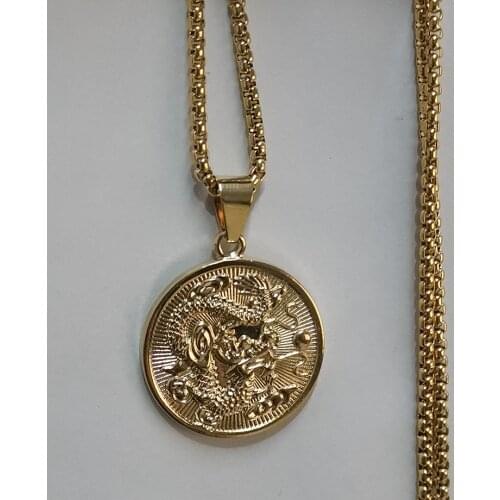 Auspicious Dragon Pendant Neckalces for Women Men Jewelry Zodiac Gold Color Round Chinese"FU" Blessing Colar DropshippXL1675S