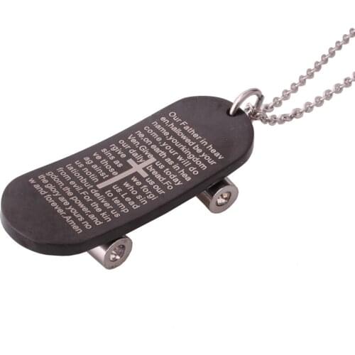Boys Sport Skateboard Pendant Stainless Steel Bible Pendant Mens Cross Necklace Chain Jewelry