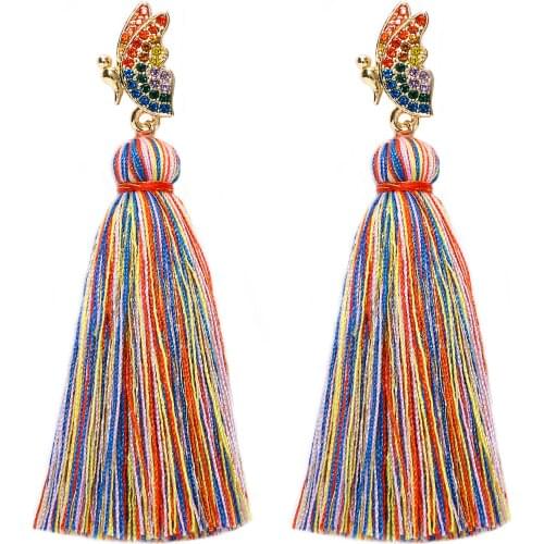 Rhinestone Butterfly Tassel Earrings For Women Long Dangle Drop Boho Jewelry Multicolor Cotton Handmade Accessoires UKEN
