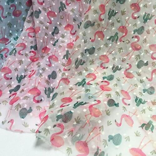 Swiss Dot Red flamingo patten Printed Chiffon Fabric Tulle Mesh Materials for Dresses Sewing Woman Blouse and Curtain DIY Crafts