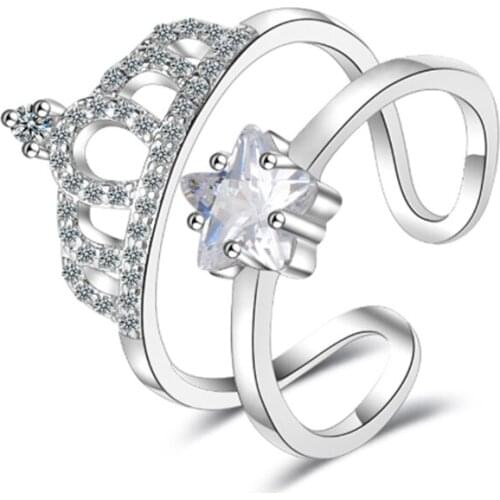 High-end atmosphere temperament sweet inlaid crystal double-layer crown star female models silver plated rings SA110