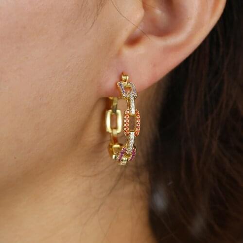 2020 new arrived cz medium hoop earring full cz paved Open link chain cuban chain shaped unique european women new jewelry