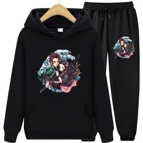 Autumn Y2k Long Sleeve Hoodie Sweatshirt And Casual Long Pants Demon Slayer Anime Tanjiro And Nezuko Print Womne Two Piece Sets