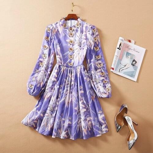 2021 Spring Summer Dress Knee Length Long Sleeve Empire Crew Neck Flora Print Fashion Dress Purple