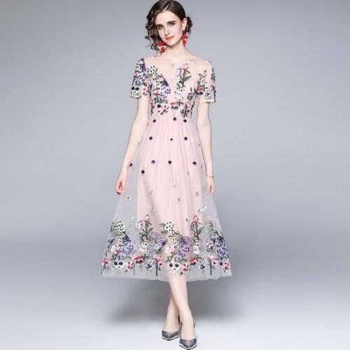 Pink Mesh Party Dress Floral Embroidery Lace Elegant Summer Long Dress Runway High Waist Short Sleeve Europe Luxury Lady k9989