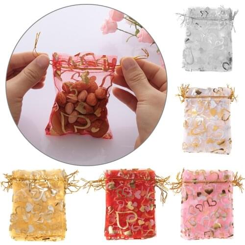 10 Pcs Heart Organza Gift Bag Christmas Halloween Wedding Drawstring poke Jewelry Bright Cute Candy Package Party Decoration