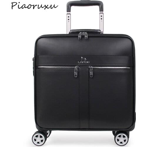 16/20 inch men 100% genuine leather hand luggage cabin travel trolley bags on wheels