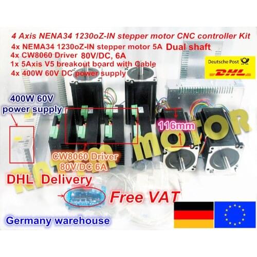 4 Axis CNC controller kit Nema 34 1230Oz-in/5.0A Stepper Motor Dual shaft & Driver 6A/80VDC 256 for CNC Router Milling Machine