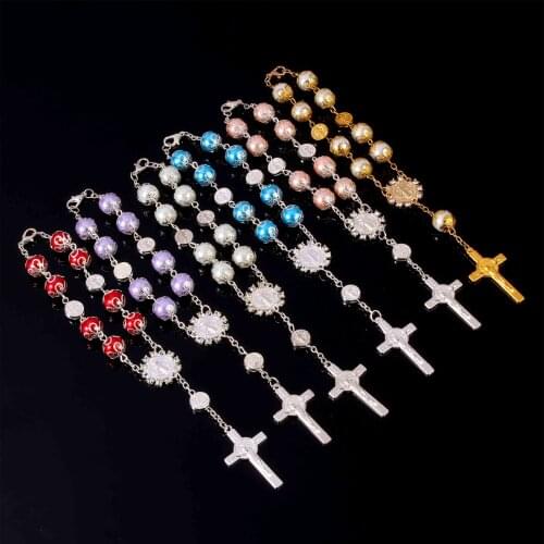 48 pieces St. Benedict Pearl Cross Bracelet Rosary Center Mary Guadalupe Sacred Heart Sacred Grace Jesus Saint Icon Religious Ce