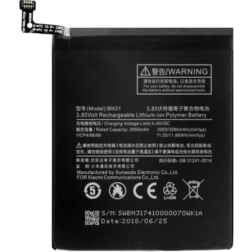 3000/3080mAh BN31 Battery For Xiaomi Mi A1 Mi 5X Mi5X / Redmi Y1 Lite Note 5A Pro Rechargeable Li-ion Mobile Phone Bateria