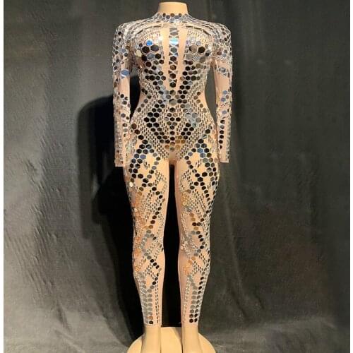 Shining Silver Mirrors Jumpsuit Mesh Dance Costume Women Stage Dance Performance Bodysuit Sexy Nightclub Wear Festival Outfit