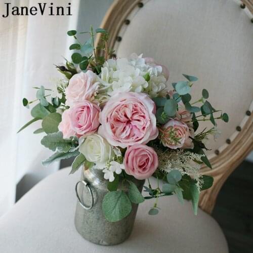 JaneVini Romantic Pink Rose Wedding Bouquet for Bride Artificial Peonies Fiori Artificiali Bridal Flowers Rosas Artificiales