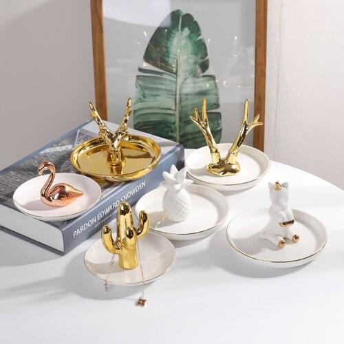 Ceramics Ring Holder Storage Plate Jewelry Dish Cactus Antlers Ornaments Dish Organizer Necklace Storage Tray Plates Home Decors