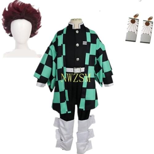 Kids Demon Slayer: Kimetsu no Yaiba Kamado Tanjirou Kimono Yukata Uniform Outfit Anime childs Cosplay Costumes wig