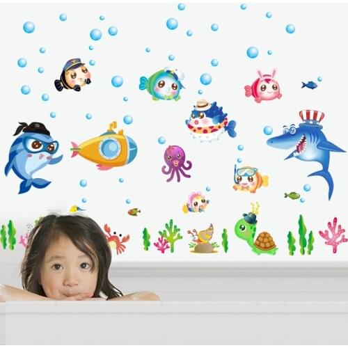 Cartoon Underwater Animal World Wall Stickers for Kids Room Bathroom Bedroom Vinyl Wall Decals Removable Murals Decor