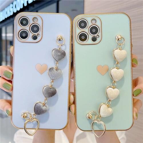 Wrist Strap Chain Love Heart Phone Case For iPhone 12 11 Pro Max XR XS Max X 7 8 Plus 12 11 Pro 11 Electroplated Soft Back Cover