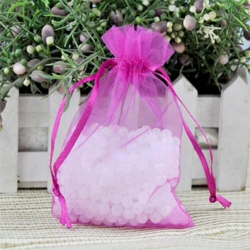 100pcs 11x16cm Organza gift bags hot pink color Drawable Organza Bags for Wedding Christmas Gift Bags free shipping