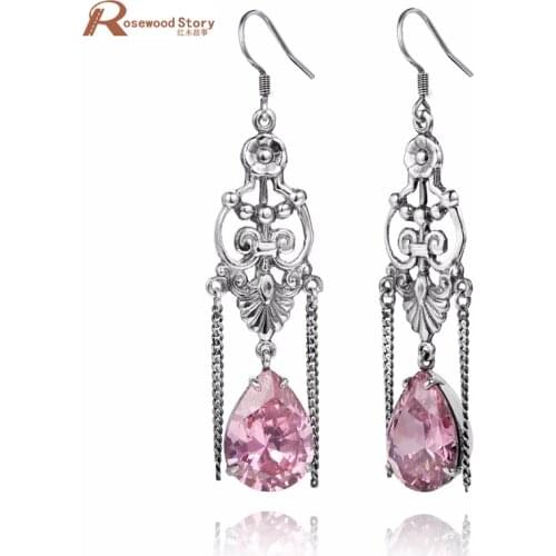 Fashion Vintage Earrings For Women Jewelry Pink CZ Stone 925 Silver Crystal Earrings Long Tassel Drop Earrings Dangle Brincos
