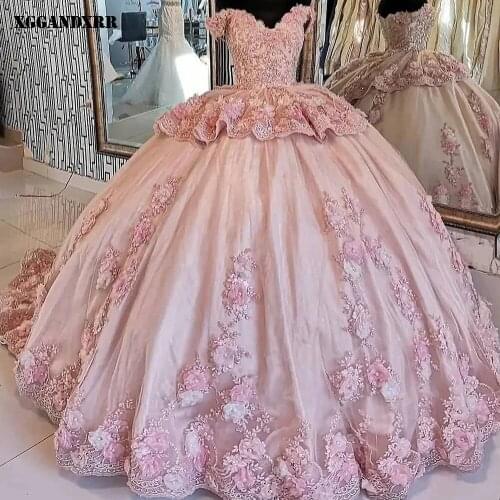 Gorgeous Ball Gown Quinceanera Dress 2022 Tulle Appliques Flowers Long Skirt Pink Sweet 15 16 Birthday Party Plus Size