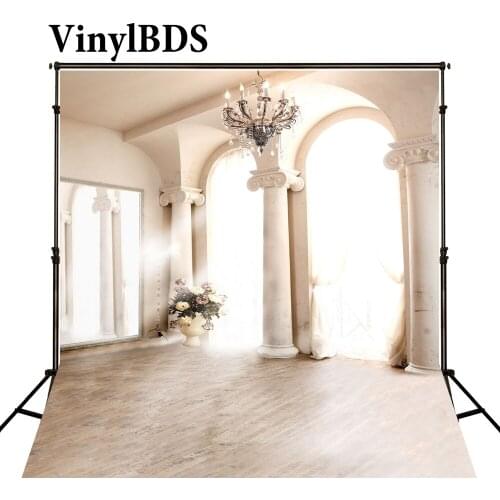 VinylBDS Chandelier Indoor Wedding Photography Backdrops Vintage Wood Floor Backdrop White Wall Background for Photot Studio