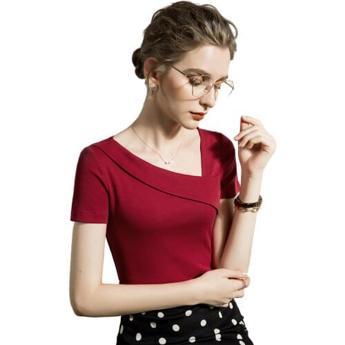 Women Cotton T-shirt Skew Collar Short Sleeve Solid color All match Lady Top for Summer spring women Casual Shirt