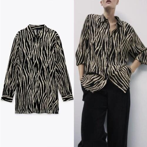 2020 ZA Animal Print Vintage Long Shirt Women Long Sleeve Lapel Collar Flowy Top Female Fashion Button Loose Irregular Shirts
