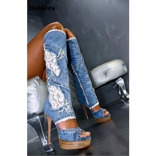 Sexy Blue Denim Lace Knee High Boots Women Platform Open Toe Lace Decor Long Boot Cowboy High Heel Booty R1