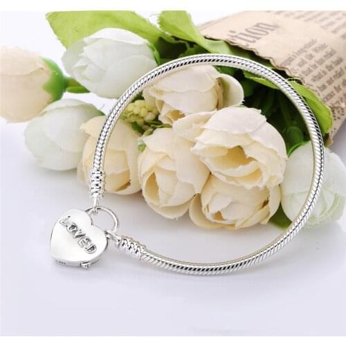 Authentic 100% 925 Sterling Silver You Are Loved Heart Padlock Pan Bracelet Snake Chain For Women Bangle Luxury Jewelry