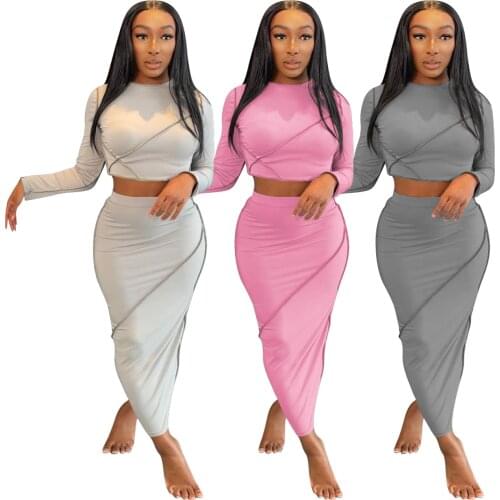 Women solid color O-Neck hollow out crop top high waist elastic skinny long skirts two pieces set female fashion outfit
