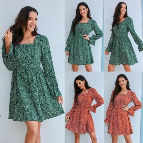 Floral Long Petal Sleeve Square Neck Dress Short 2020 Autumn New Fashion Waist Closing Sweet Lovely Small Fresh Women Pullover