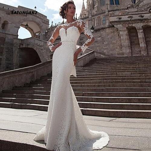 Mermaid Wedding Dress 2020 Long Sleeves Lace Appliques Bridal Gown Buttons Back Beach Vestido De Novia Mariage Online Shop India