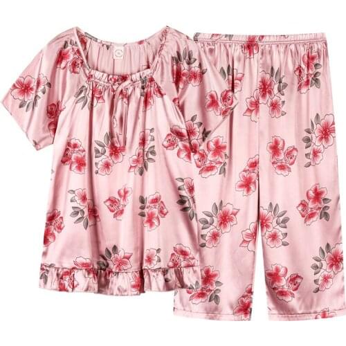 2pcs/set Summer Women Sexy Satin Lace Sleepwear Lingerie Silk Pajamas Set Short Sleeve Calf-Length Pants Ladies Flower Pyjamas