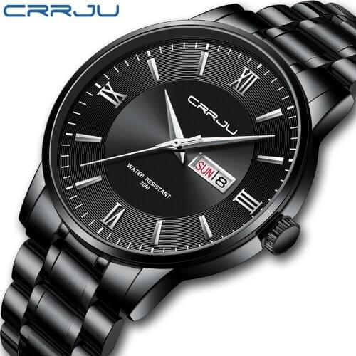 Watches Mens CRRJU Top Brand Luxury Sports Watch Men Fashion Stainless Steel Wristwatch with Calendar for Men Black Male Clock