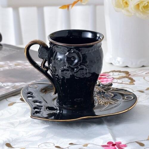European style black glaze color gold coffee cup and saucer retro ceramic cup and saucer 3D relief cup and saucer coffee cup