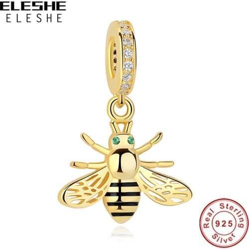 ELESHE 925 Sterling Silver Bead Crystal CZ Gold Honey Bee Animal Dangle Charm for Women fit 925 Silver Bracelets Trendy Jewelry