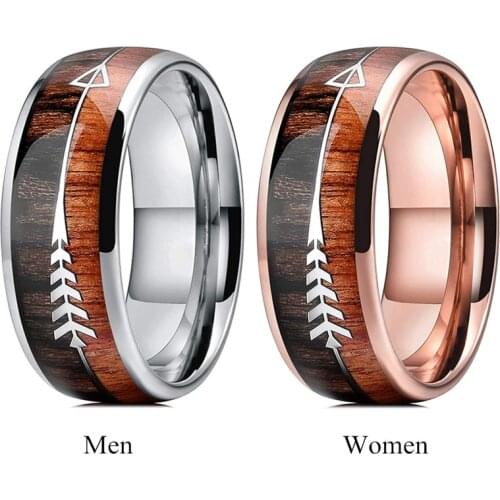 New Couple Ring Men Women Stainless Steel Wedding Band Wood Arrows Inlay Rose Gold Ring for Couple Engagement Promise Jewelry