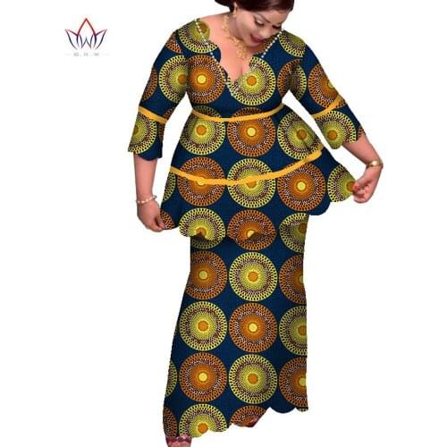 African Dashiki Print Clothing Skirts Sets 2 Pcs Long Sleeve Tops Skirts Set Plus Size Mermaid Maxi Dress Party Clothes WY7919