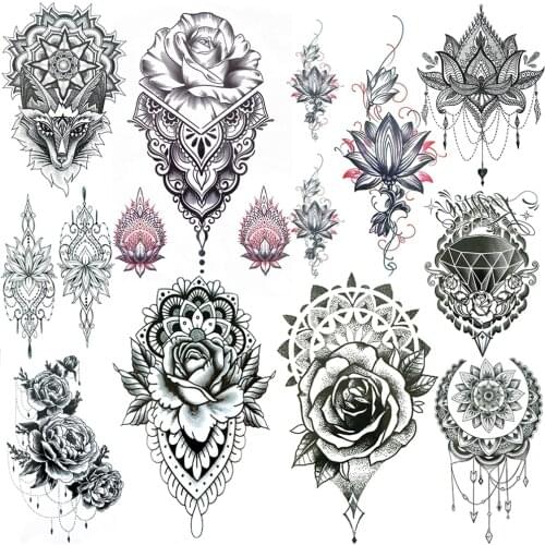 Lotus Lace Temporary Tattoos For Women Sexy Mandala Henna Flower Tattoo Sticker Black Rose Mehndi Fake Jewelry Tatoo Chest Chain