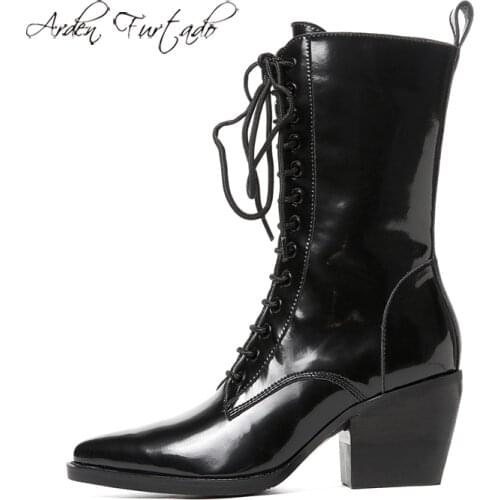 Arden Furtado Fashion Womens Shoes Winter Pointed Toe genuine Leather Chunky Heels Sexy Elegant Ladies cross tied Boots 41 42