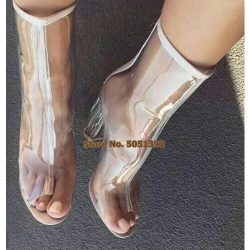 Fashion Transparent Middle Boots Plus Size High Heel Clear Block Heel Casual Shoes Clear PVC Peep Toe Zipper Ankle Boots