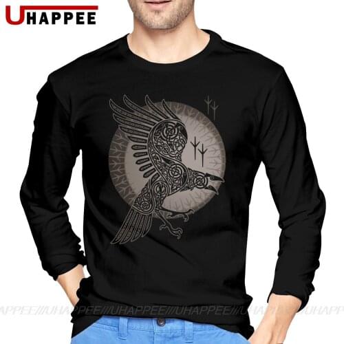 Vintage Raven Vikings T-shirts For Men Birthday Gift Men Autumn Custom Printing Graphic Long Sleeve Plus Size Primer Tshirt