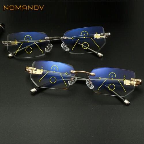 NOMANOV Rimless Diamond Trimming Luxury Progressive Multifocal Reading Glasses See Near And Far ADD +75 100 150 175 200 To 350