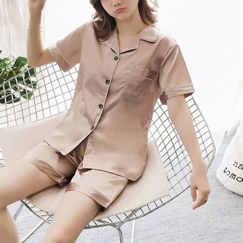 Pajamas For Women Pyjamas Simulated Slik Pajama Suit Terno Short Sleeve Sleepwear two-piece Silk Housewear