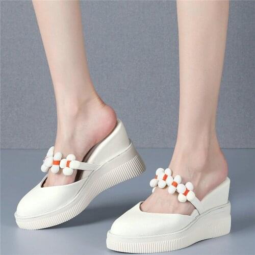 Women Genuine Leather Punk Slippers Wedges High Heel Roman Gladiator Sandals Female Round Toe Platform Pumps Shoes Casual Shoes